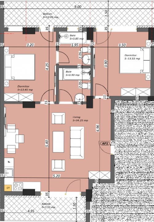 Apartament 3 camere cu 2 băi și 2 terase zona Campus Constanța posibilitate rate
